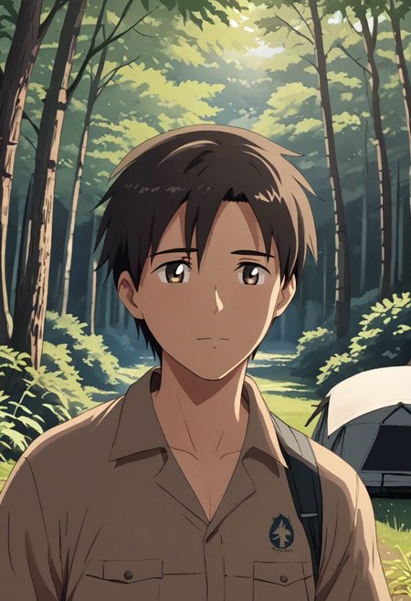 high resolution, solo, best quality, 1Boy, Takaki Toono, Brownish Hair, Brown Eyes, forest, camping, OverallDetail