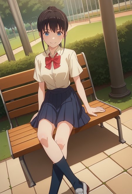 score_9, score_8_up, score_7_up, anime screencap, source_anime, 1girl, solo,
<lora:Airi_Sega_Iya_na_Kao_sare_nagara_Opantsu_Misete_Moraitai_V2:.85>, KJOairi, blue eyes, black hair, ponytail, bangs, sidelocks,
school uniform, black skirt, short sleeves,
Sitting, bench, crossed legs, smile, parted lips, dutch angle, 
sunny, park, sidewalk, stone floor, grass, tree, cloudy sky,
(Beautiful, medium Breasts:1.2),