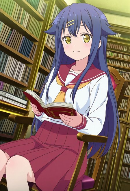 general,highres, ultra-detailed,very aesthetic,best quality ,best hands,best eyes,easynegative,
dynamic anglre, dutch angle, anime cloring,anime screencap,
1girl solo,looking at viewer, smile, reading book,sitting on chair, library, 
Kuina NATSUKAWA,blue hair, long_hair, hairclip, short body, yellow_eyes, small breasts,serafuku