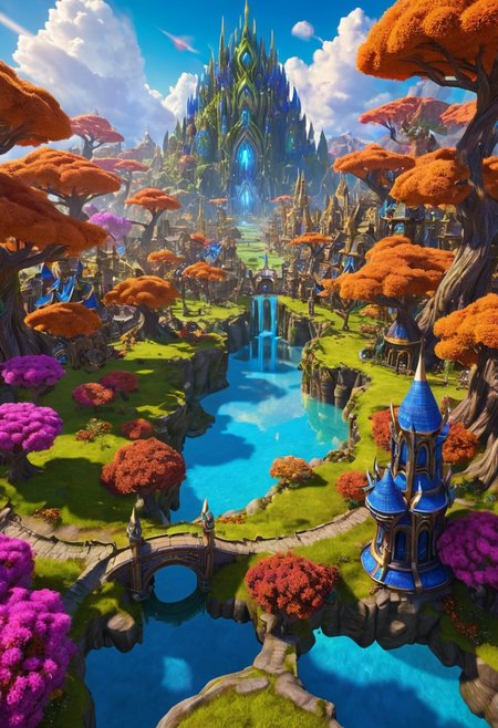 (masterpiece:1.5), unreal 8k wallpaper, unity 8k wallpaper, score 9, score 8 up, score 7 up, masterpiece_portrait, extreme quality, reflection, surface reflection, dynamic lighting, Cinematic style, cinematic quality, ((no humans, no people)), photorealistic, realistic, a spectrum of iridescent colors, precise, fractal design, flowing curves, precision, colorful, fractal geometry, harmonic interference, digital illustration, photo manipulation, altered realities, fantastical scenes, digital artistry, striking visuals, sharp focus, detailed background, light reflection, mythic, fantasy, A huge open valley in Warcraft, in the center of the valley is (massive Warcraft City), the (massive Warcraft City) has been here for a very long time, strange alien foliage has started to grow over it, when  this (massive Warcraft City) was built no one knows it has long been forgotten, beautiful blue skies majestic clouds, strange alien trees dot the landscape, in the sky you can see a massive moons is all inspiring and a little frightening, the valley is also covered in beautiful multicolored flowers and multicolored trees, no life can be seen anywhere, 3D, metallic reflection, massive Warcraft City, the vast World of Warcraft, close up,