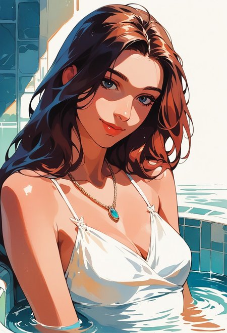 score_9, score_8_up, score_7_up, score_6_up, source_cartoon, 1girl, female, solo, femenine, petite, lean, pale skin,, soaking wet hair, smile, diaphonous white dress, bronze necklace, medium breasts, female focus, official style, close up, perfect anatomy, perfect face, standing,  abstract beauty, beautiful, centered, looking at the camera, approaching perfection, dynamic, moonlight, highly detailed, watercolor painting, artstation, concept art, smooth, sharp focus, illustration, portrait