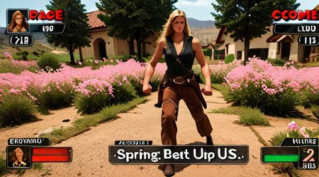 VG_SS, fake screenshot, english text,
(High Resolution), (More Details), (8K), (High Resolution)
Fake video game interface. 
Scrolled beat'em up.

1 woman,
RDR2Sadie, blonde hair, long hair, brown eyes
 full body, zoomed out,exactly facing right  clenched fists,  ready for fist-fight. 

BREAK
and 3+ bandits, cowboy attire, facing left , ready for fist-fight.

backdrop is a small town in USA in 1899, spring, 6pm.
