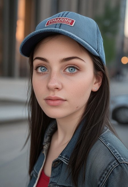 30yo woman posing for pic in front of tall building.
Blue eyes. small perfecteyes 
Wearing ripped Denim jacket red trucker hat
no makeup. Clear skin.  realistic skin style
Long dark black slick back hair. No makeup. Dusk, Street light. Looking at camera POV. Slight smile, tilting head.. Tilt head.
Medium Close Up shot. Bokeh. Bokeh light.