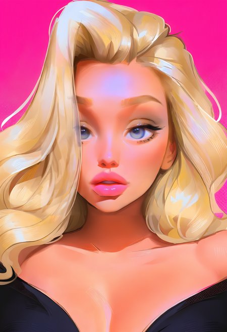 Portrait of a stunning superficial woman, sexy, voluptuous, looking at the viewer, 18yo, large lips, blond hair, she love pink, bimbo, Samdoesarts Style   <lora:SamdoesartsV1:1>