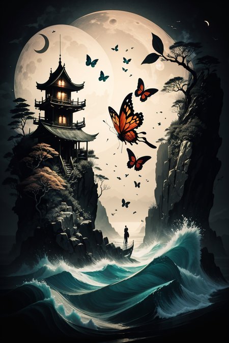 <lora:Calligraphy-ink-style-darquelilly-v1:1> calligraphyinkstyle, fairies swirling around, butterflies, volumetric lighting, night time, sea of lowers, moonlight black background