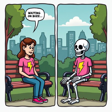 A two panel comic, the setting is a city park during the day. The first panel is a wide shot of a woman with a pink shirt with a yellow lighting bolt, sitting on a park bench, The second panel is a wide shot of a skeleton with a pink shirt with a yellow lighting bolt, sitting on a park bench, The text reads "Waiting on buzz...".