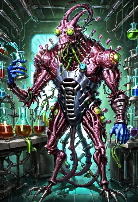 a fleshmutant cybermutant creature with tubes on its body standing in a laboratory and holding a beaker,art by llbreton