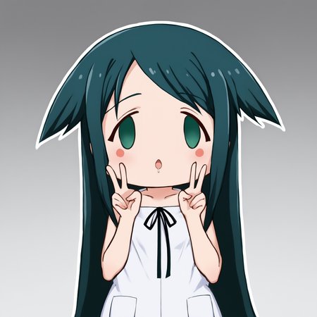 score_9, score_7_up,  source_anime, uncensored, zPDXLxxx, <lora:intricate_details:0.5> intricate_details_xl, gradient background, (powerful:1.5) strawberry background, face focus
<lora:Saya_No_Uta_v1.0:1> Saya, saya_(saya_no_uta), long hair, dress, green eyes, bare shoulders, sundress, sleeveless dress, white dress, green hair, blue hair, collarbone, ribbon, hair flaps, hands up, double v
<lora:Faces_of_People_FX_Meme_v1.0:1> face of the people who sank all their money into the fx (meme), chibi, chibi inset, arrow