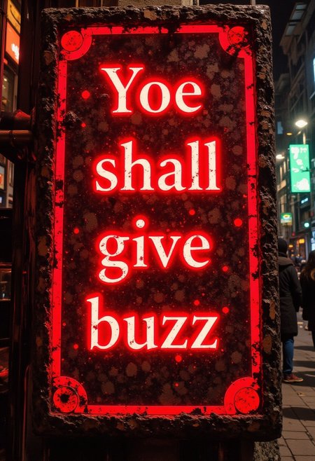 An ancient stone slab with glowing red text that reads "Ye shall give buzz"