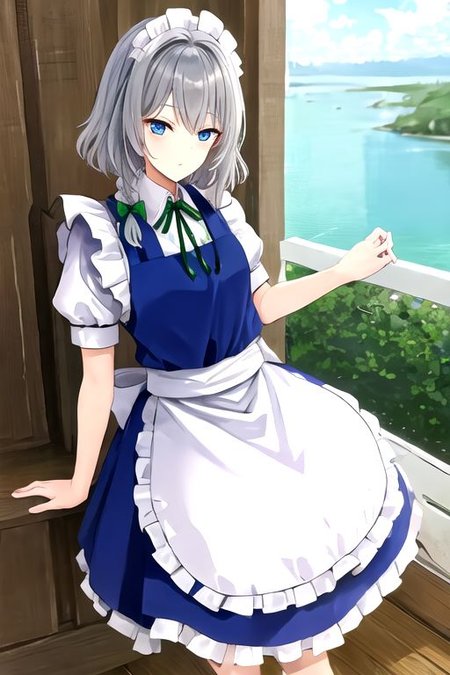 Sakuya, maid headdress, izayoi sakuya, braid, twin braids, grey hair, short hair, sakuya, solo, looking at viewer, bow, blue eyes, hair bow, green bow, bangs, maid, puffy sleeves, short sleeves, apron, dress, blue dress