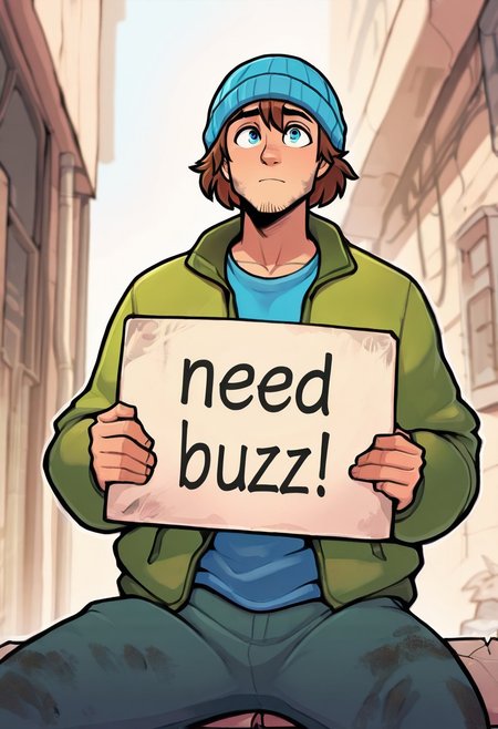 masterpiece,best quality, 2D, 1boy, brown hair, short hair, blue eyes, stubble, blue beanie, green jacket, blue shirt, dirty clothes, outside, alleyway, sitting, need_buzz, holding sign