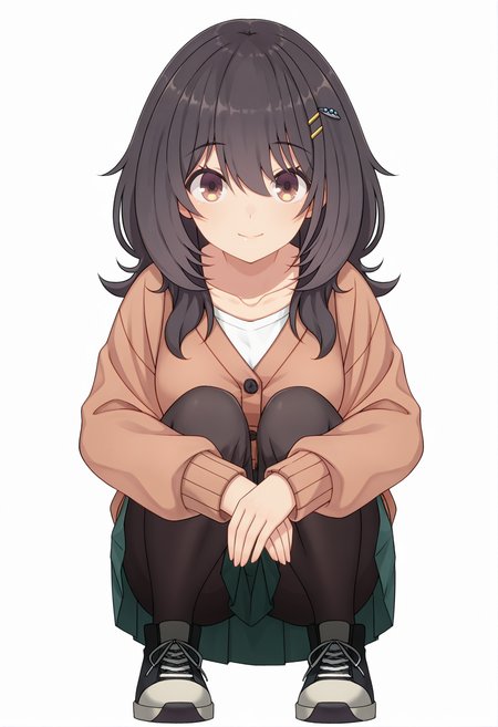 <lora:Mako KAWAI_illustrious-000052:1>,
Mako KAWAI,solo,pantyhose,skirt,full body,smile,shoes,white background,simple background,looking at viewer,hair ornament,pleated skirt,black pantyhose,sneakers,cardigan,long hair,green skirt,straight-on,long sleeves,closed mouth,shirt,white shirt,collarbone,tachi-e,squatting