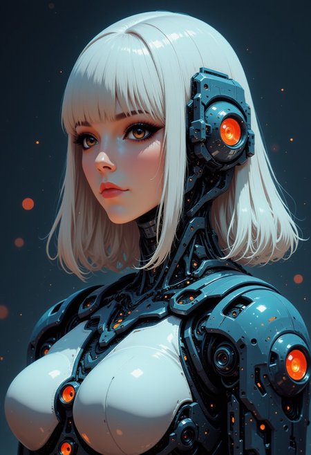 in the style of ck-ncr, in the style of ckcc, female sci-fi android warrior, straight-cut bob, detailed white ceramic robot face, dark eyeshadow, red lips, robot joints and cables, dark blue reflective armour, dark background, bokeh, side view
