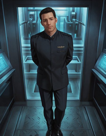 masterpiece, best quality, absurdres, newest, perfect quality, best quality, absolutely eye-catching, detailed background, intricate details, male focus, solo, realistic, <lora:Final Fantasy Spirits Within - Gray Edwards - Illustrious_1-000011:0.7>, g_edwards, 1boy, mature male, black hair, very short hair, brown eyes, stubble, uniform jacket, standing, looking at viewer, head tilt, laboratory, arms behind back, uniform pants, black shoes