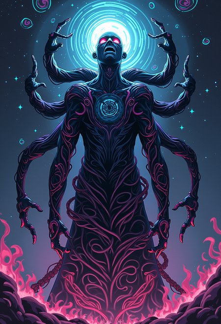 high quality, highly detailed, colorful, abstract, fantasy, fantasy background, The image is an abstract digital art piece that appears to be a surreal and mystical scene. It features a large, dark figure with multiple arms and legs that are intertwined with intricate patterns and designs. The figure is standing in the center of the image, with its arms stretched out to the sides and its head tilted upwards. The body of the figure is covered in a dark, swirling pattern of lines and curves, creating a sense of depth and mystery.  The figure's face is illuminated by a bright blue light, which stands out against the dark background. Its eyes are glowing red, and its mouth is open, as if it is about to speak. The figures are surrounded by a halo of light, giving the impression that they are in a starry night sky. The background is filled with a variety of colors, including pink, purple, and blue, and there are also swirls, stars, and other celestial objects scattered throughout the image. The overall mood of the piece is mysterious and awe-inspiring., Illustration concept variant 1 v2<lora:FLUX\Enhancer\MysticFantasy.safetensors:0.8:0.8> <lora:FLUX\Enhancer\flux_vividizer.safetensors:0.8:0.8> <lora:FLUX\Style\Illustration concept variant 1 v2.safetensors:0.6:0.6>