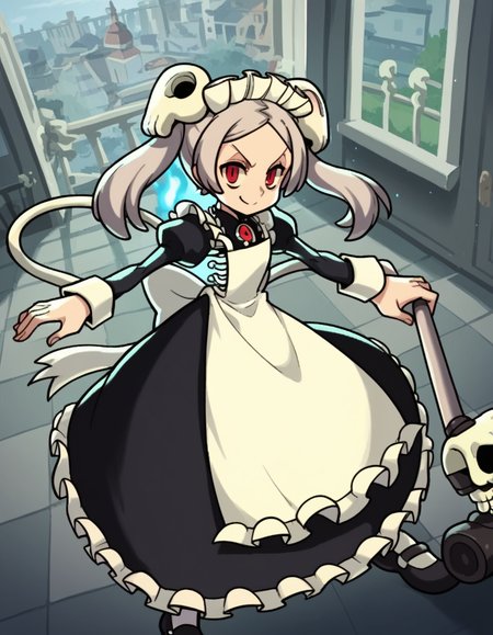 score_9, score_8_up, score_7_up, source_anime, <lora:skullgirls-marie-ingame-ponyxl-lora-nochekaiser:1>, marie, hair ornament, red eyes, twintails, skull, skull hair ornament, grey hair, forehead,, apron, maid, maid headdress, long sleeves, wrist cuffs,, apartment, building, rooms, residents, balconies, smile, from above,, looking at viewer, solo,, dutch angle, cowboy shot