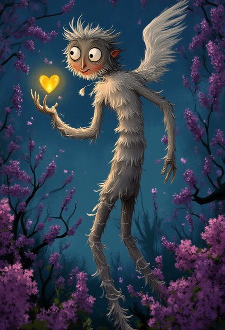 A whimsical illustration of an impossibly tall, stretched Cupid with elongated arms and tattered striped stockings, in dark whimsical art style, delicately balancing a glowing crystalline heart between spindly fingers, digital painting with flowing brushstrokes creating texture in the ragged wings, moonlit garden background with cascading purple wisteria and pink cherry blossoms, characteristic Tim Burton inspired design with enormous silver eyes that sparkle with otherworldly romance