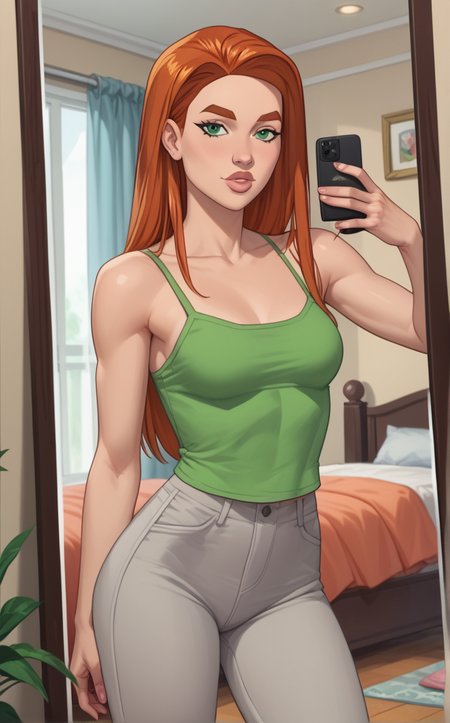 score_9, score_8_up, score_7_up, absurdres,an image of a person taking a picture of themselves in a mirror with a cell phone in front of them, looking at viewer, indoors, bedroom, curtains, full-length mirror, blurry background, depth of field,  <lora:PONYXL_Invincible_AtomEve_ownwaifu:0.85>, BREAK GreenTankTop_AtomEve_ownwaifu, 1girl, orange hair, shiny hair, straight hair, eyelashes, green eyes, long hair, nose, thick eyebrows, thick lips, bare shoulders, breasts, collarbone, green tank top, grey pants, camisole,     <lora:add-detail-xl:0.15>,