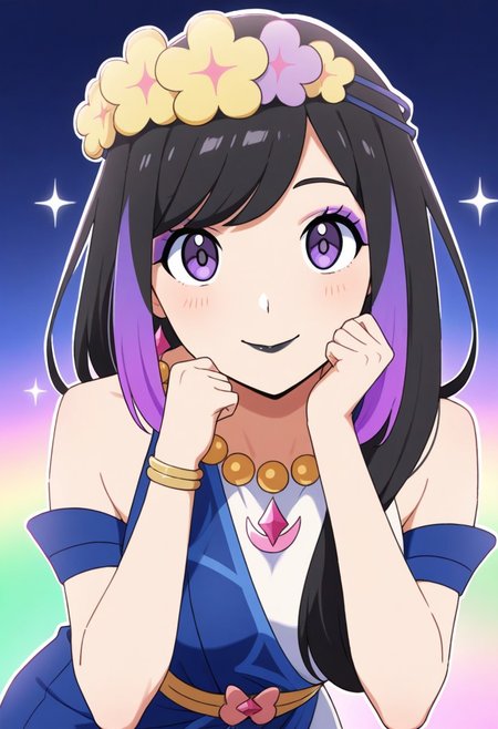 2d, masterpiece, best quality, amazing quality, 1girl, solo, close-up, standing, smile, upper body, leaning_forward, looking at viewer, multicolored background, sparkle, gradient background, colorful background, green background, blue background, long hair, two-tone hair, purple hair, black hair, purple eyes, eyeshadow, purple eyeshadow, black lips, black nails, mature female, grown up, flower wreath, head wreath, bead necklace, sleeveless dress, blue dress, white dress, bare shoulders, armlet, bracelet