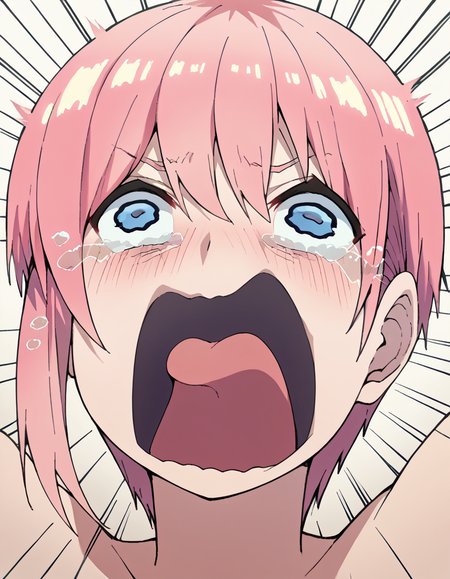 score_9, score_8_up, score_7_up, source_anime, <lora:ichika-nakano-s2-ponyxl-lora-nochekaiser:1>, ichika nakano, short hair, bangs, blue eyes, hair between eyes, pink hair, pixie cut, mature female, large breasts, <lora:crying-aqua-ponyxl-lora-nochekaiser:1> crying aqua, crying aqua (meme), screaming, crying, crying with eyes open, tears, tongue, open mouth,, ,
