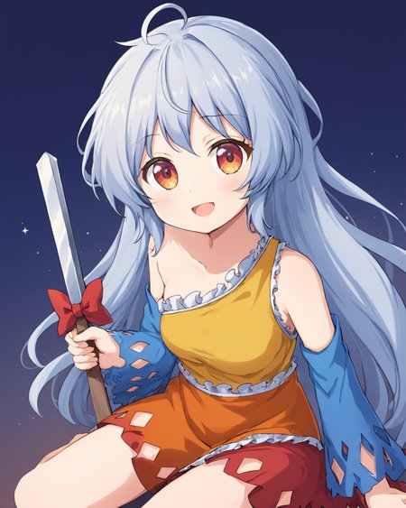 sakata nemuno,1girl, solo, single_strap, open_mouth, detached_sleeves, multicolored_dress, smile, looking_at_viewer, orange_dress, holding_weapon, bare_shoulders, yellow_dress, blue_sleeves, red_dress, red_bow, one-hour_drawing_challenge, sitting
<lora:sakata_nemuno_image573_2023-12-20-000015:1>,star-shaped_pupils,symbol-shaped_pupils,. gorgeous,key visual, vibrant, studio anime,award-winning, professional, highly detailed,high budget, cinemascope