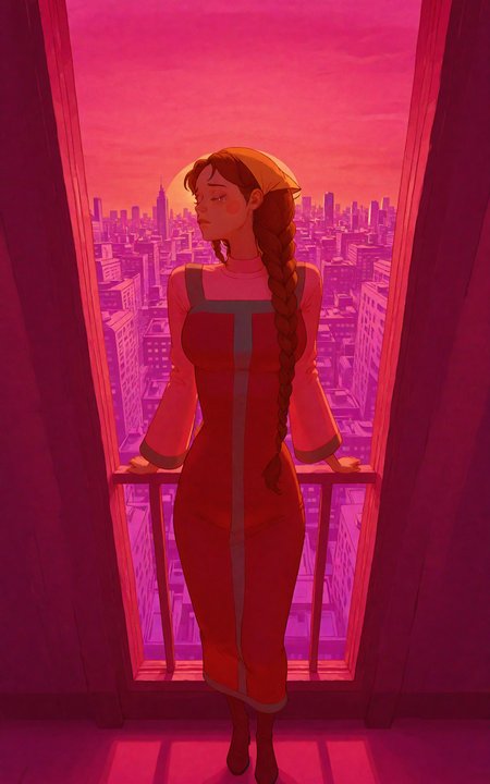 cityscape shot with  mature female,
<lora:spletni:1> spletniza, 1girl, braid, dress, solo, red dress, long hair, brown hair, outdoors, boots, single braid, blush stickers, upper body,  looking at viewer, closed eyes,  from above ,inside, a pink sunset, rays of the sun, sad, looking away, tears in her eyes, standing near the window,
<lora:NOOB_vp1_detailer_by_volnovik_v1:1> <lora:nhl-001:0.7> nhl-001, limited palette, realistic, . Urban, skyline, architectural, dynamic