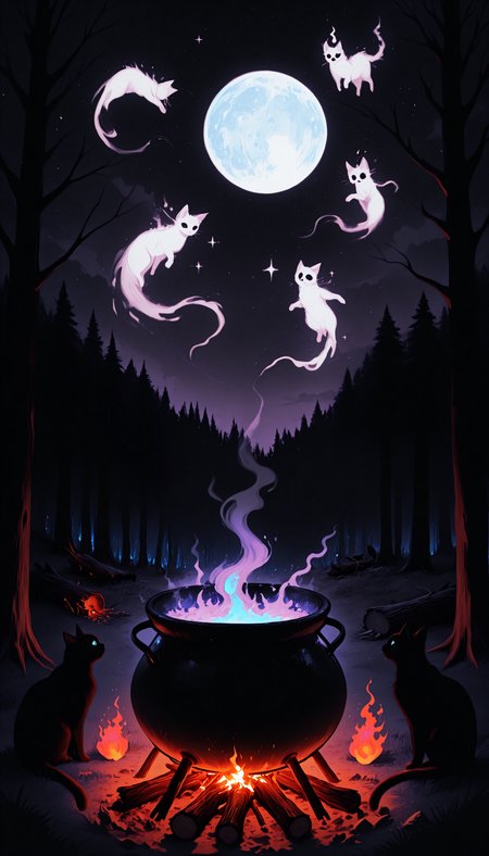 masterpiece, best quality, good quality, newest, highres, absurdres, outdoors, sky, cloud, tree, sparkle, no humans, night, animal, moon, cat, grass, fire, star \(sky\), night sky, nature, full moon, smoke, starry sky, forest, ghost, hitodama, animal focus, black cat, cooking, bare tree, white cat, cooking pot, spirit, log, campfire, cauldron, limited palette, sketch, glowing, psychedelic, <lora:illustriousXL_stabilizer_v1.23:0.3> <lora:NOOB_vp1_detailer_by_volnovik_v1:0.3> <lora:ponyv6_noobE11_2_adamW-000017:0.3> <lora:114558v4df2fsdf5:0.7> <lora:mon_monmon2133:0.6>