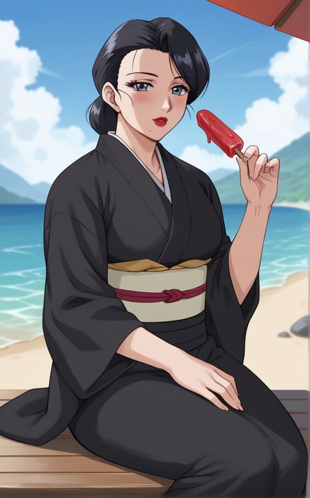 score_9, score_8_up, score_7_up, absurdres, 1girl, depth of field, arm support, beach, holding food, parted lips, looking at viewer, mountain, ocean, popsicle, river, rock, sitting, water, blush, outdoors, day, <lora:PONYXL_MistreatedBride_SumieTakayanagi_ownwaifu:1>, BREAK BlackKimono_SumieTakayanagi_ownwaifu, 1girl, black hair, black kimono, breasts, grey eyes, japanese clothes, lipstick, makeup, mature female, mole under mouth, red lips, short hair, single hair bun, eyelashes, sash, hair up, large breasts, lips, long sleeves, obi, <lora:add-detail-xl:0.15>,