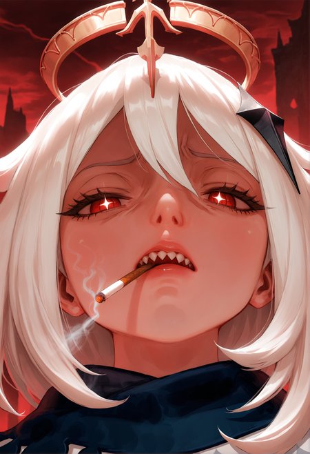 realistic textured painterly, 
nose, lips, 
looking at viewer, looking down, (disgust, disappointed, disdain:1.2), paimon \(genshin impact\), solo, 1girl, close-up, perspective, :|, mouth hold cigarette, smoking, smoke, (sharp teeth:1.2), half-closed eyes, + +, wide oval eyes, long eyelashes, thick eyelashes, black eyeliner, detailed background, outdoors, (red night:1.2), (dark red theme:1.2), (smoke trail:1.2),  raised eyebrow, 
blurry background, depth of field, 
very awa, best quality, highres, masterpiece,
<lora:nhl-002-nai:1.0>,  nhl-002,