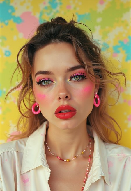 Candlelight style vintage camera, surreal portrait, neon colors, vintage style, digital painting strokes, pastel yellow background, pink and green swirls in the sky, blue details, pink highlights on her face, white shirt, pink earrings, pink necklace, black eye makeup, red eyeliner, big lips, green eyes, in the style of digital photography, digital noise, glitch