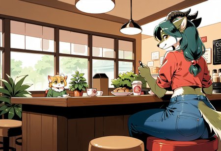 score_9, score_8_up, score_7_up, score_6_up, 
mogal, furry, monster girl, 
detailed background, cafe, 
shop, causal clothes, jeans and shirt,
cup of coffee, cozy, sitting at a table, 
backliot, edgelit, dynamic lighting, 
low point of view, fluffy, 
dragon, cat, insect, wolf, 
barista, 3 customers,