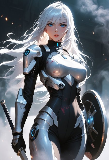masterpiece, best quality, highly detailed, ultra-realistic, score_9, score_8_up, score_7_up, score_6_up, source_cartoon,  
BREAK  
1girl, 20yo, slim waist, large perk breasts, pale skin, long white hair, blue eyes, wearing futuristic armor, black armored pants, standing on a battlefield, looking at viewer with a determined expression, glowing blue sword, blood stains on armor, dim lighting, smoke in the air, faint scent of iron.  
BREAK  
sword in hand, shield on back, motion_lines:1.5, motion_blur:1.5.  
BREAK  
atmospheric, emotional, raw sensuality, dynamic light, cold_light, soft focus, depth of field, cinematic composition