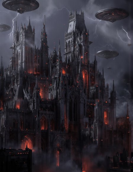 Art by Col Price & Arthur Yuan.
By Arthur Yuan. A dramatic digital illustration shoot from a bird's eye view about a futuristic cityscape at night, featuring tall, gothic structures with intricate details and glowing red accents. the scene is set against a dark, stormy sky with lightning illuminating the city below. in the center of the image, a large, imposing castle-like structure stands out against the dark, smoky backdrop. the castle has multiple towers, spires, and arched windows, and is lit up with red lights, giving it a dramatic, ethereal appearance. several flying saucers can be seen in the distance, adding to the sense of movement and energy in the scene.
