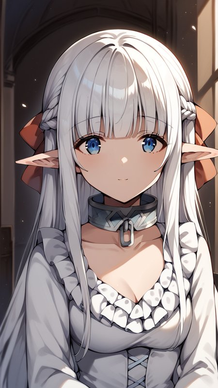 score_9, score_8_up, score_7_up, source_anime, rating_safe,
1girl, solo, indoors, standing, upper body, looking at viewer, (smile:0.7)
<lora:Nephilia_v2-soralz:0.9>, nephilia, white hair, very long hair, blue eyes, braid, pointy ears, elf,  hair bow, blunt bangs, sidelocks,
collarbone, (cleavage:0.7), metal collar, long sleeves, frilled sleeves, white dress, frilled dress