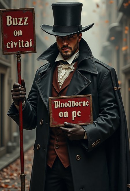male demon hunter in Victorian style. man hold sigh with text "bloodborne on pc" big letters. second text "buzz on civitai"
