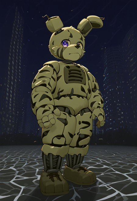 lv1rubili, zPDXL2, furry, anthro, cute, kemono, male focus, score_9, score_8_up, score_7_up, full body, digital art, highly detailed, looking at viewer, standing to viewer, full view, 1boy, solo, moody nighttime atmosphere, night city background, springtrap, animatronic, thick black smoke everywhere, standing on zebra crossing