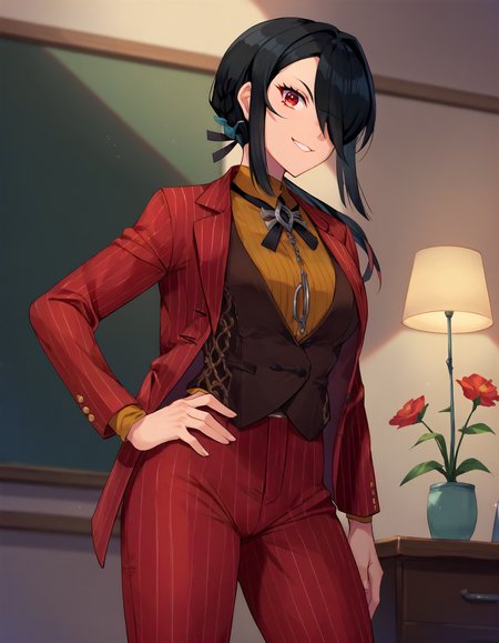 score_9,score_8_up,score_7_up,1girl,solo,cowboy shot,looking at viewer,smile,hand on hip,indoors,
<lora:kckumano_maru_ponyXLV6:0.8>,kckmnmr,
black hair,hair over one eye,sidelocks,low ponytail,red eyes,
red suit,pinstripe pattern,bolo tie,red jacket,brown vest,yellow shirt,black ribbon,red pants