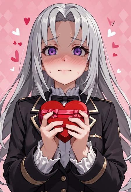 score_4,score_5,score_6,score_7_up,score_8_up,score_9 ((masterpiece,best quality,ultra detailed,highres,HD,4k:1.2)), 
1girl, solo,solo focus,girl focus,face focus,
Elise(V1),grey hair,long hair,Forehead,parted bangs,purple eyes,Droopy eyes,shaded face,
Black jacket,long sleeves,white shirt
pov,from the front, front view, front angle, 
Happy Valentine's Day, Valentine's chocolate, holding wrapped chocolate, 
heart background, 
Embarrassing,full face blush,sweat,