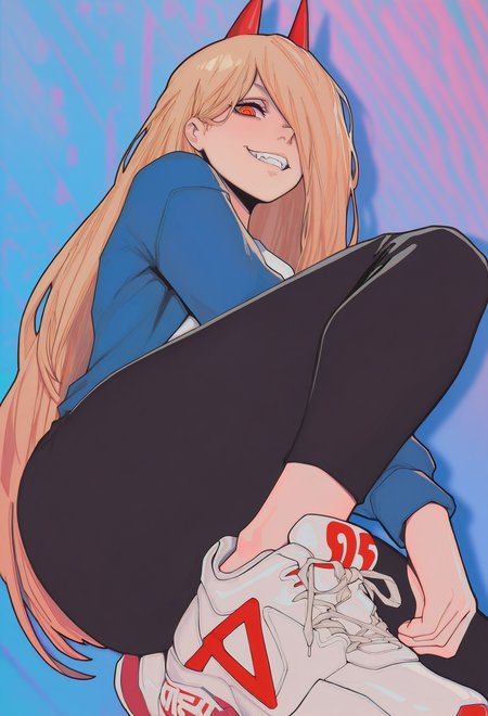 1girl, solo, gradient background, abstract background, looking at viewer, blurry background, foreshortening, squatting, horns, evil smile, presenting foot, hair over one eye, 
power \(chainsaw man\), blonde hair, red eyes, foot focus, sneakers, from below, black pants, blue jacket, white shirt, 
masterpiece, best quality, <lora:MischiefMakersV1-Illustrious-guy90:1>, sresim
