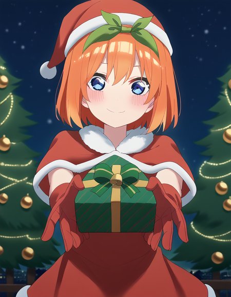 score_9, score_8_up, score_7_up, source_anime, <lora:yotsuba-nakano-s2-ponyxl-lora-nochekaiser:1>, yotsuba nakano, bangs, short hair, blue eyes, hair between eyes, hair ribbon, hairband, orange hair, green ribbon, large breasts,, <lora:santa-costume-ponyxl-lora-nochekaiser:1>, santa costume, santa hat, christmas, sack, merry christmas, gift, fur-trimmed headwear, holding sack, santa dress, fur-trimmed dress, christmas tree, christmas tree, fur trim, red capelet, gift box, red gloves, fur-trimmed capelet, santa gloves, red hat, hat,, smile, blush, looking at viewer, <lora:incoming-gift-ponyxl-lora-nochekaiser:1>, incoming gift, outstretched arms, holding, holding gift, gift, gift box,,