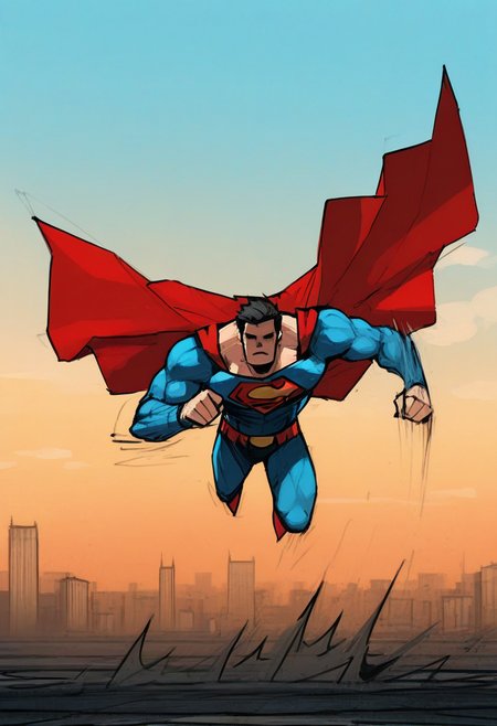 a13xstyle, sketch, graphic novel, masterpiece, best quality, solo,                                                                                      male, muscles, superman, black hair, blue bodysuit, cape, flying above the sky, punch coming straight for viewer,  pov from viewer, motion lines, anger, closeup, city below, 