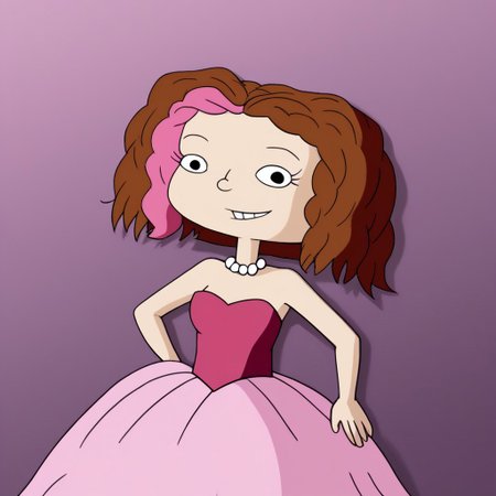 1girl, solo, short hair, brown hair, two-tone hair, pink hair, black eyes, Very long large straight tulle pink princess ball gown hoop skirt, ball gown hoop skirt, pink princess dress, white pearl necklace, hoopdress, my big princess gypsy wedding dress, ballgown, a girl in a dress posing like a princess for a picture, wearing a sleeveless ballgown, looking at viewer