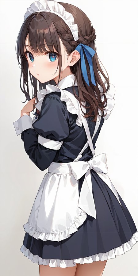 score_9, score_8_up, score_7_up,(source_anime:1.2), high res image,masterpiece,best quality,girl,cute face,clear skin,shiny hair,ultra detailed eyes,simple background,   <lora:half up braid_pony_V1.0:0.8> half up braid,ribbon,from behind ,  long hair <lora:maid_Pony_V1.0:0.6> jyojifuku,maid, frills