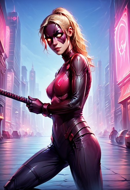 score_9, score_8_up, score_8, 
zzCitronLegacy, 1girl, cyborg lady deadpool, blonde hair, one cyborg eye, glowing eyes, robotic bodysuit, red neon outfit, scifi, looking at viewer, pointing sword, weapon, katana, detailed katana, neon katana, neon lights, futuristic city, 
zPDXL, Expressiveh, lady_deadpool