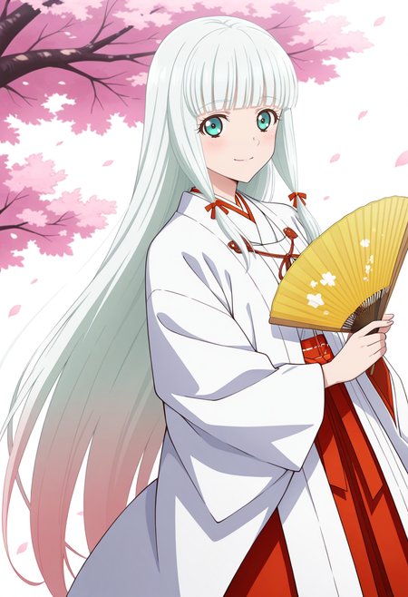 white background, pink petals,
BREAK,
light smile, blush,  hand fan, hiougi fan, holding fan, 
cowboy shot, dynamic angle,
BREAK,
<lora:lailahI_illustriousXL_v04:1>
lailahrnd, gradient hair, silver hair, aqua eyes, very long hair, straight hair, blunt bangs, tied sidelocks, 
miko, hakama, red hakama, chihaya \(clothing\), kariginu, 
sandals, white tabi,, source_anime, very aesthetic, anime coloring, masterpiece, 
best quality, amazing quality, ultra detailed, very aesthetic, 
detailed background, 
BREAK,