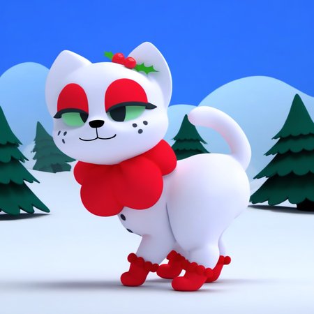 full body, colored sclera, day, scenery, 2boys, stop motion, eyeshadow, red bowtie, red flower, smile, bell, thought bubble, nature, tail, facing viewer, open mouth teeth, cat, animal ears, eyes closed, food, eyes half open, smooth white female cat, white ears, freckles, mouth open, red eyelids, red puffy scarf, cherry, sun, 3 black freckles on each cheek, mole, male focus, snowman buttons, shading, :3, makeup, black nose, moon, half-closed eyes, red footwear, pawprint, looking up, red fur, strawberry, light green sclera, beads, holly leaves with berries on left ear, mittens, sky, own hands together, waving, outline, forest