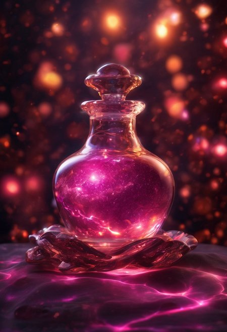 Score_9, Score_8, high_def, highest quality, 4k, best quality, masterpiece, focused, defined, Photorealistic magic potion, intricate glass bottle, elixir, vibrant maroon and pink colors, ethereal light, flashy lights, magic lights, luminous, dynamic reflections, magical aura, highly detailed, fantasy essence, glowing particles, radiant aura