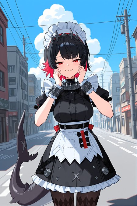 beautiful detailed eyes, masterpiece, best quality, intricate details, absurdres, 1girl, solo,
<lora:P-IL-EllenJoe2:1>, 3ll3nj03, black hair, red hair, pink hair, multicolored hair, short hair, red eyes,
maid, black dress, short sleeves, puffy sleeves, frills, apron, maid headdress, wrist cuffs, pantyhose,
shark tail,
medium breasts, 
smug, :3, fingers on cheek, smile, joyfull expression, face closeup, 
outdoors, city street, utility pole, power lines, road, building, day, shadow, blue sky, clouds,