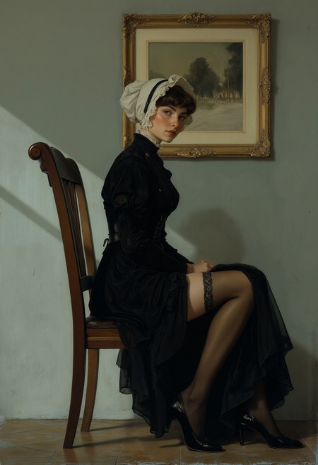 painting in the style of "Arrangement in Grey and Black No.1" by James McNeill Whistler -- A seated Mischievous  woman in profile, head facing forward, but her eyes turned slightly toward the viewer with a cheeky smile,  wearing a austere black Victorian dress  a high neckline with a slit, she is seductively and secretly  revealing her leg and thigh with lace top   stockings and garters,  white lace bonnet,  a knowing smile, She sits on a wooden chair against a grey wall with  a frame picture, . The scene is quiet formal minimalist with soft muted tones, Mischievous vintage art,, <lora:Anime Art V3:1> <lora:aidmaMJ6.1_v0.5_3:0.5>.