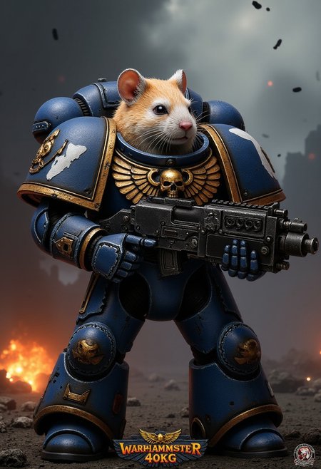 An Ultramarine torso clad in majestic, battle-scarred blue power armor, featuring the iconic gold Aquila and Ultramarines insignia, paired with massive pauldrons and intricate details. His head is that of a photorealistic (hamster:1.1) with detailed fur, whiskers and large beady black eyes. It contrasts absurdly with the seriousness of the armor. In his oversized armored gauntlets, he clutches a massive, futuristic rifle that's comically too serious for his cheerful demeanor.
The background shows a grim dark battelfield with explosion craters on an alien planet and falling meteors.
At the bottom of the image, there is a text that says "WARHAMSTER 40KG" in the usual warhammer 40k logo